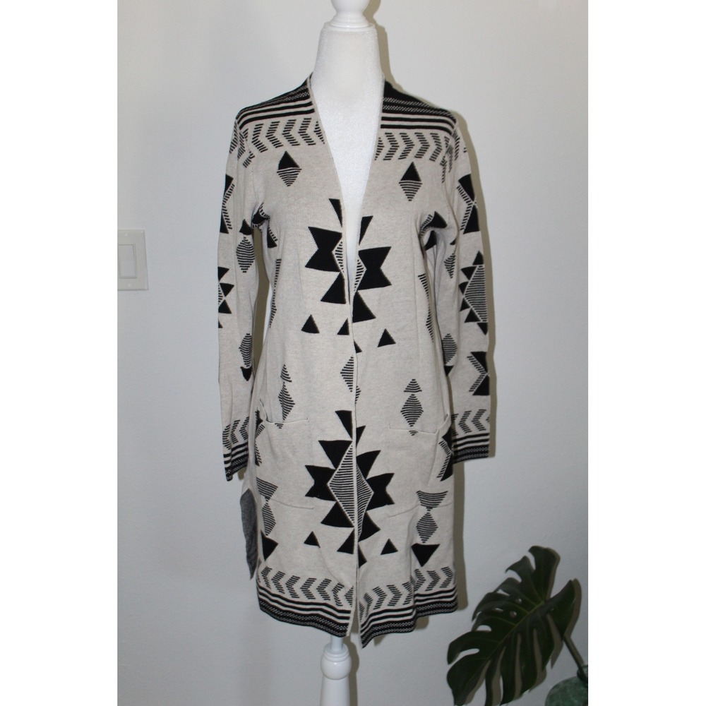 Jessica Simpson Womens M Black Cream Geometric Tribal Longline Open Cardigan